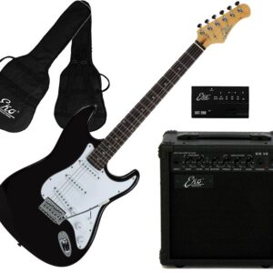 KIT CON CHITARRA ELETTRICA NERA, AMPLIFICATORE, BORSA, TRACOLLA E ACCESSORI