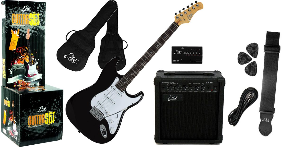 KIT CON CHITARRA ELETTRICA NERA, AMPLIFICATORE, BORSA, TRACOLLA E ACCESSORI