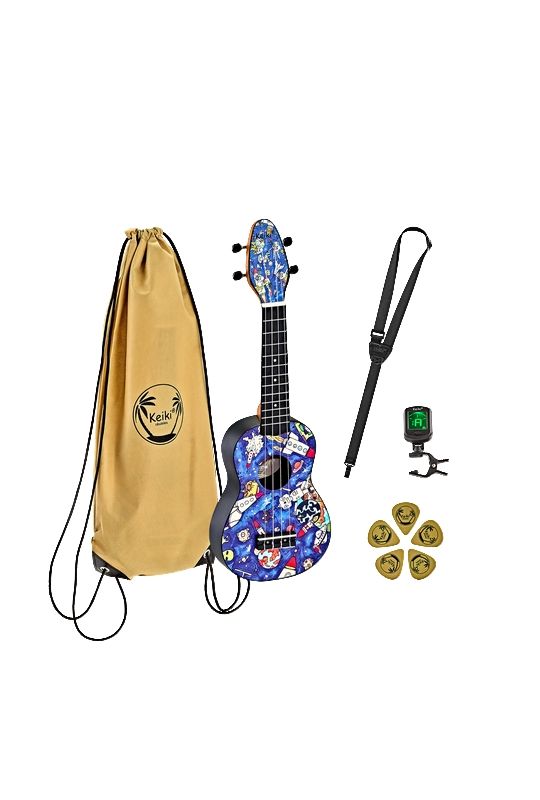 KEIKI K2-SP PACK UKULELE SOPRANO CON ACCORDATORE, TRACOLLA, PLETTRI E BORSA